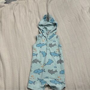 Carters 12 mo shark romper, cotton, snap crotch, fin on hood